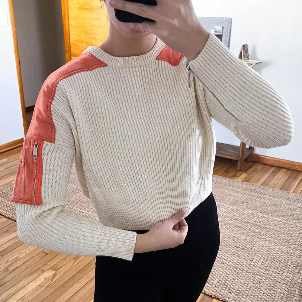 Maje x Schott Wool Blend Cream Satin Designer Cropped Pullover Cropped Sweater 1